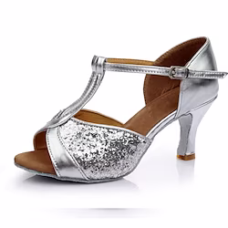 Women's Latin Shoes Salsa Shoes Indoor Satin Sandal Solid Color Customized Heel Buckle T-Strap Black Silver Brown Lightinthebox