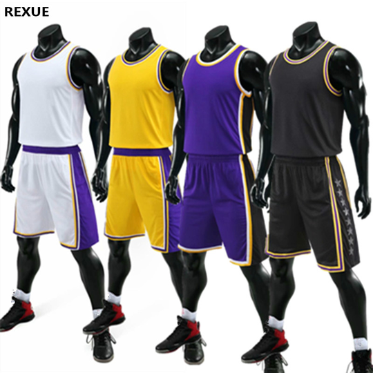 REXUE Men's Basketball Jersey Set Men Blank Basketball Uniform kids Adult Training Vest Double Pocket Shorts Children Sportswear