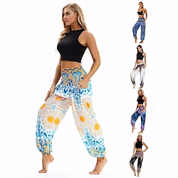 Women's Yoga Pants Side Pockets Harem Smocked Waist Lightweight Quick Dry High Waist Belly Dance Fitness Bloomers Bohemian Hippie Boho Ocean Blue Light Purple Jade Sports Activewear Stretchy Loose Fit Lightinthebox