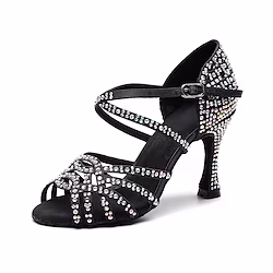 Women's Latin Shoes Salsa Shoes Party Performance Practice Glitter Crystal Sequined Jeweled Heel Crystal / Rhinestone Crystals Flared Heel Buckle Ankle Strap Black / Satin Lightinthebox