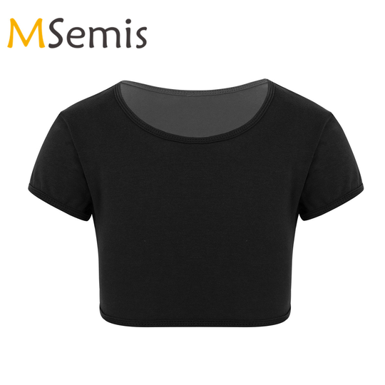 Kids Girls Sports T-Shirt Plain Solid Color Short Sleeves Sportswear Crop Top for Belly Dance Yoga Gymnastic Daily Wear
