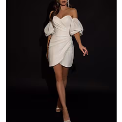 Bachelorette Party Little White Dresses Glitter Sparkle Wedding Dresses Short / Mini Sheath / Column Short Sleeve Off Shoulder Sequined With Ruched Solid Color 2023 Bridal Gowns Lightinthebox