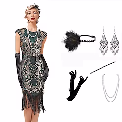 The Great Gatsby Roaring 20s Vintage Inspired The Great Gatsby Flapper Dress Masquerade Women's Sequins Tassel Fringe Costume Vintage Cosplay Halloween Party Evening Dress Sleeveless Short Length Lightinthebox