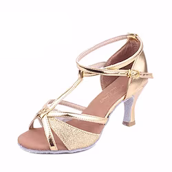 Women's Latin Shoes Ballroom Shoes Line Dance Indoor Performance Satin Heel Glitter High Heel Buckle T-Strap Black Silver Gold Lightinthebox