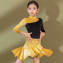 Latin Dance Skirts Pattern / Print Side Draping Ruching Girls' Performance Training Long Sleeve Polyester Velvet Lightinthebox