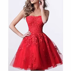 A-Line Cocktail Dresses Flirty Dress Graduation Short / Mini Sleeveless Strapless Lace with Appliques 2023 Lightinthebox