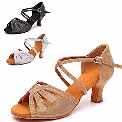 Women's Latin Shoes Salsa Shoes Dance Shoes Training Performance Practice Satin Basic Professional Heel Softer Insole Buckle Cuban Heel Open Toe Buckle Adults' Dark Brown Black Silver Lightinthebox