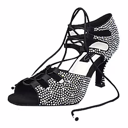 Women's Latin Shoes Party Training Performance Glitter Crystal Sequined Jeweled Heel Flared Heel Lace-up Black Almond / Satin Lightinthebox