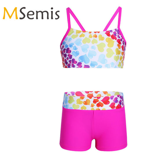 Kids Girls Tankini Swimsuits Gymnastics Leotard Heart-shaped Swimwear Two Piece Swimsuits Tops with Bottoms Beach Bathing Suit