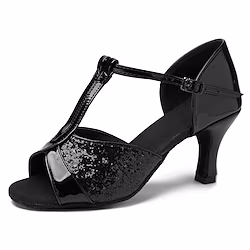 Women's Latin Shoes Dance Shoes Indoor Practice Heel Glitter Sequin Cuban Heel Closed Toe Buckle T-Strap Adults' Black Fuchsia Silver / Satin Lightinthebox