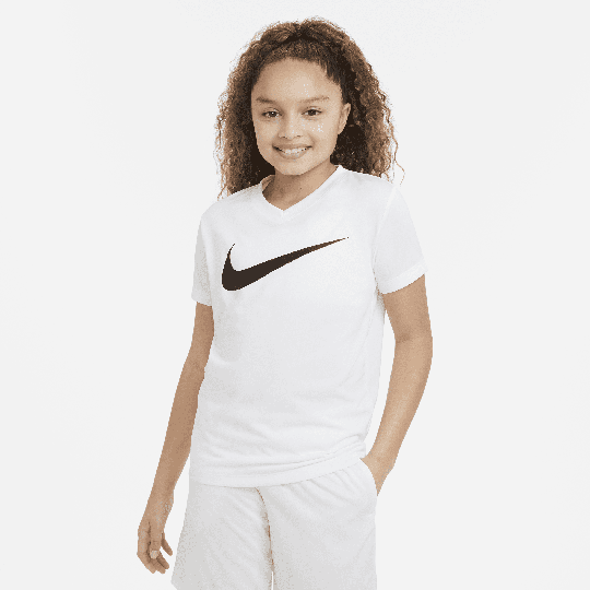 Nike Dri-FIT Legend Older Kids' (Girls') V-Neck Training T-Shirt - White - 50% Recycled Polyester