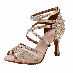 Women's Latin Shoes Performance Training Practice Heel Sneaker Crystals Slim High Heel Peep Toe Cross Strap Silver Gold miniinthebox