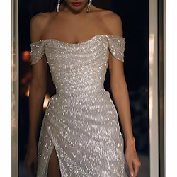 Mermaid / Trumpet Evening Dresses Sparkle Prom Dress Wedding Dress Party Sweep / Brush Train Short Sleeve Off Shoulder Satin with Slit 2023 Lightinthebox