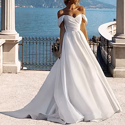 Beach Wedding Dresses Court Train A-Line Short Sleeve Off Shoulder Satin With Pleats 2023 Spring Summer Bridal Gowns Lightinthebox