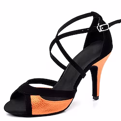 Women's Latin Shoes Indoor Performance Ballroom Dance Sparkling Shoes Heel Splicing High Heel Peep Toe Cross Strap Adults' Black / Orange Lightinthebox