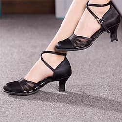 Women's Latin Shoes Modern Shoes Ballroom Shoes Waltz Professional Tulle Solid Color Cuban Heel Black / Satin Lightinthebox